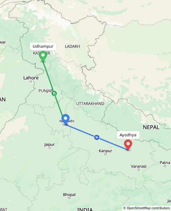 Route map showing distance and travel time from Udhampur, India to Ayodhya, India