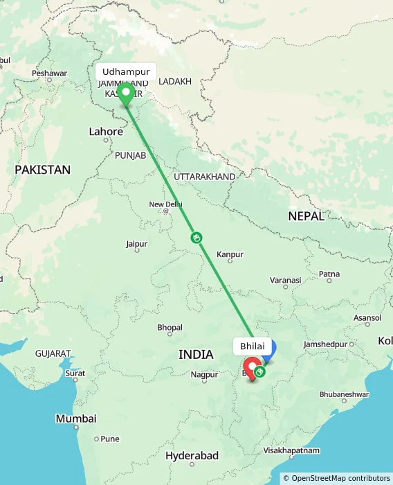 Route map showing distance and travel time from Udhampur, India to Bhilai, India