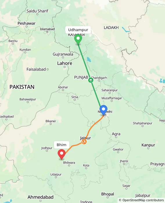 Route map showing distance and travel time from Udhampur, India to Bhim, India