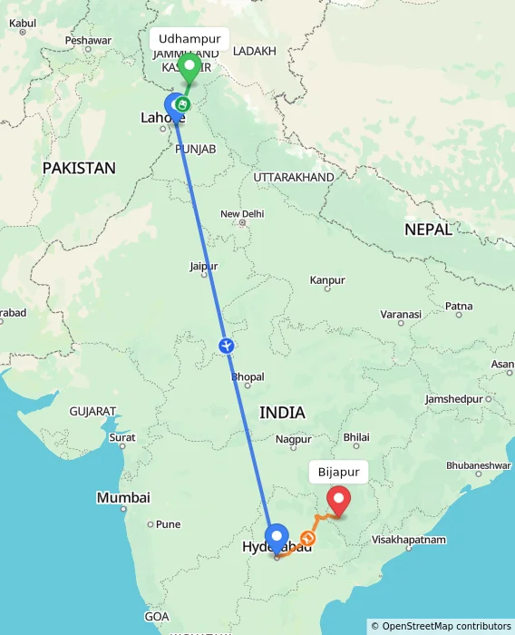 Route map showing distance and travel time from Udhampur, India to Bijapur, India