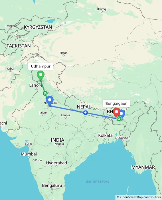 Route map showing distance and travel time from Udhampur, India to Bongaigaon, India