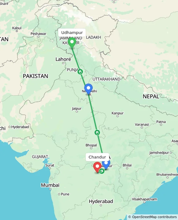 Route map showing distance and travel time from Udhampur, India to Chandur, India