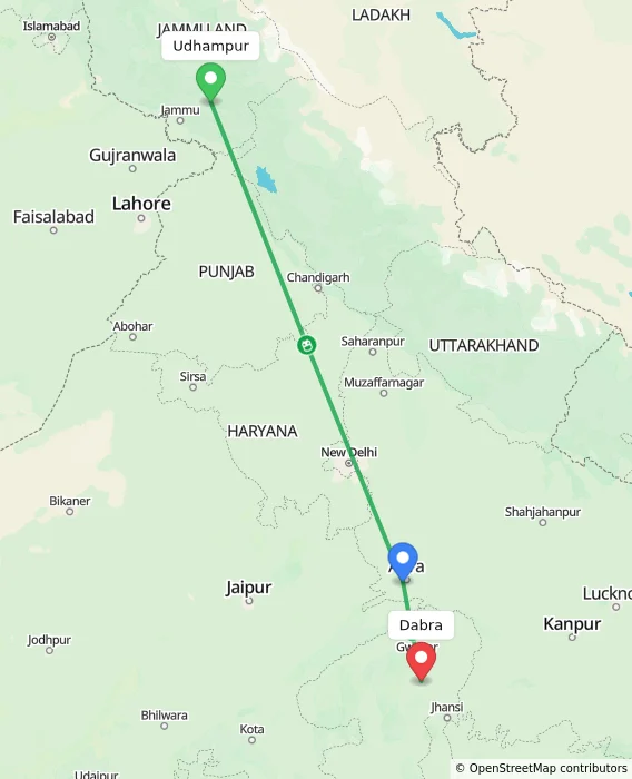 Route map showing distance and travel time from Udhampur, India to Dabra, India