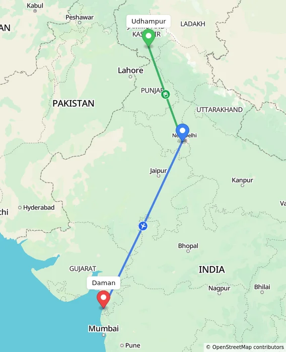 Route map showing distance and travel time from Udhampur, India to Daman, India