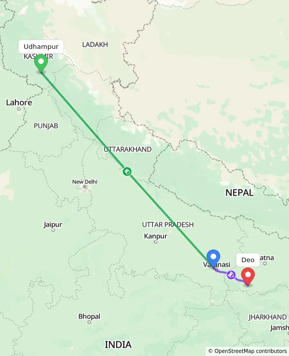 Route map showing distance and travel time from Udhampur, India to Deo, India