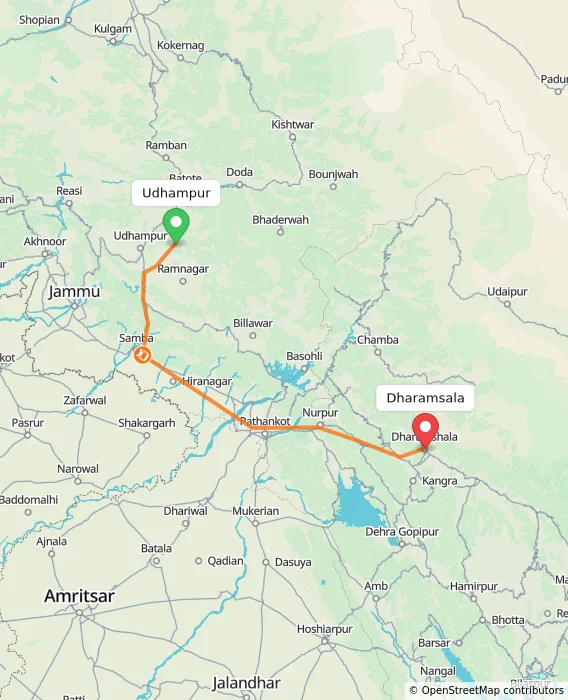 Route map showing distance and travel time from Udhampur, India to Dharamsala, India