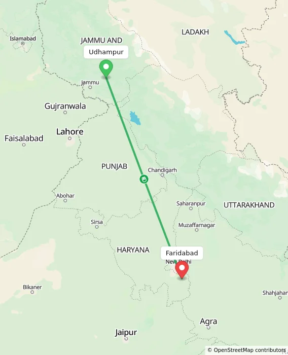 Route map showing distance and travel time from Udhampur, India to Faridabad, India