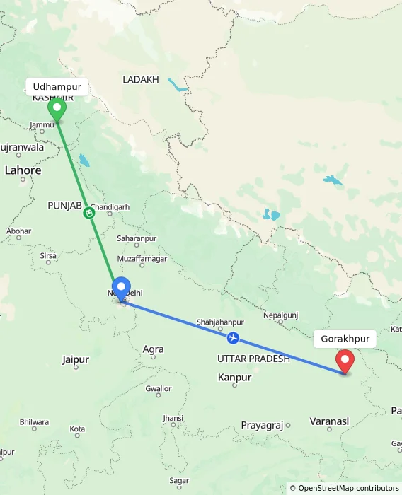 Route map showing distance and travel time from Udhampur, India to Gorakhpur, India