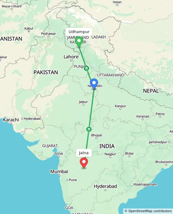 Route map showing distance and travel time from Udhampur, India to Jalna, India
