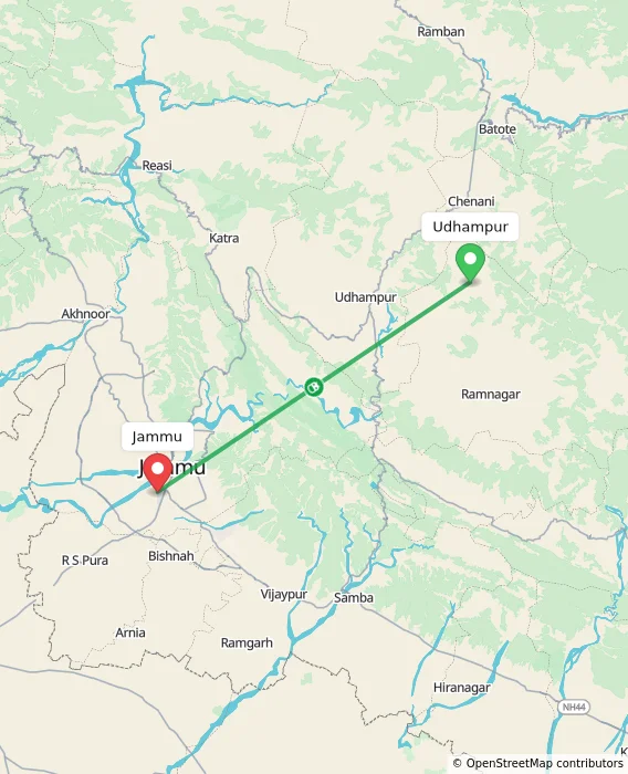 Route map showing distance and travel time from Udhampur, India to Jammu, India