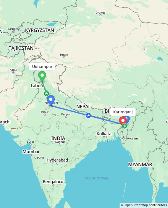 Route map showing distance and travel time from Udhampur, India to Karimganj, India