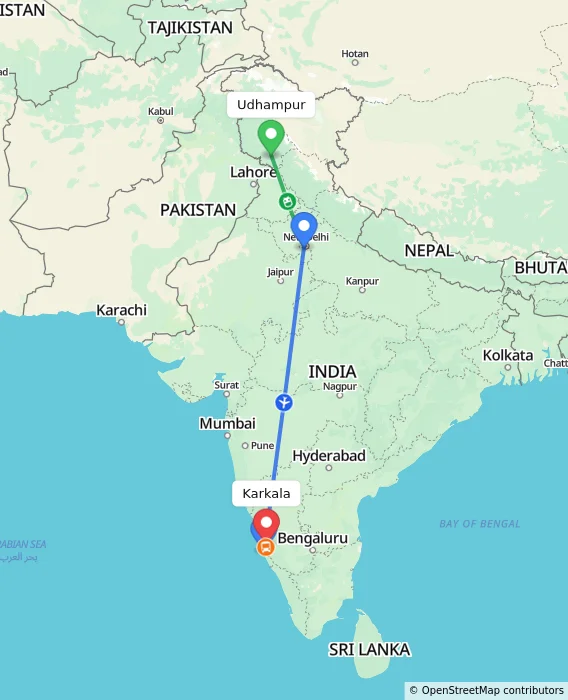 Route map showing distance and travel time from Udhampur, India to Karkala, India