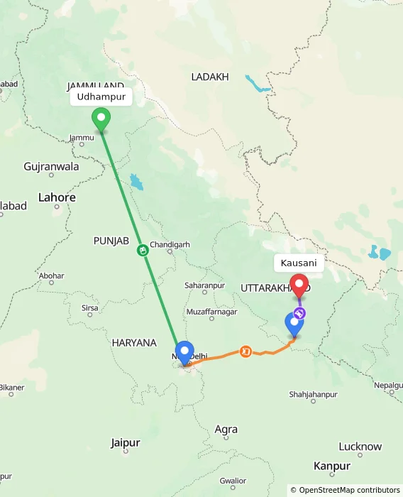 Route map showing distance and travel time from Udhampur, India to Kausani, India