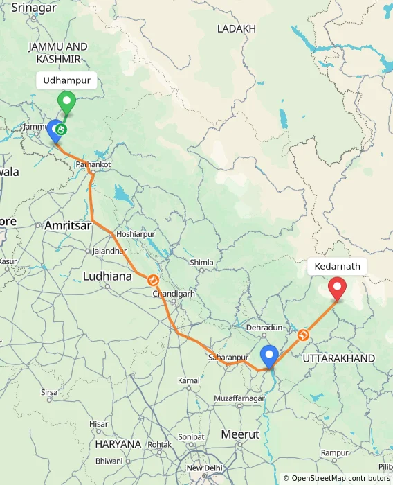 Route map showing distance and travel time from Udhampur, India to Kedarnath, India