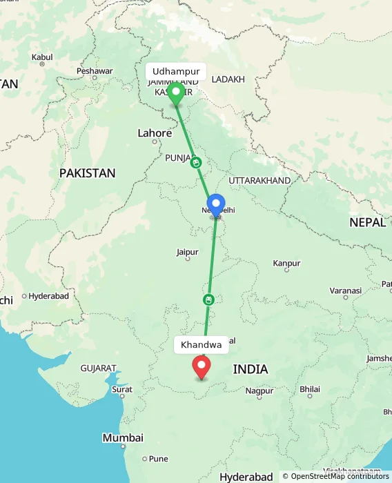 Route map showing distance and travel time from Udhampur, India to Khandwa, India