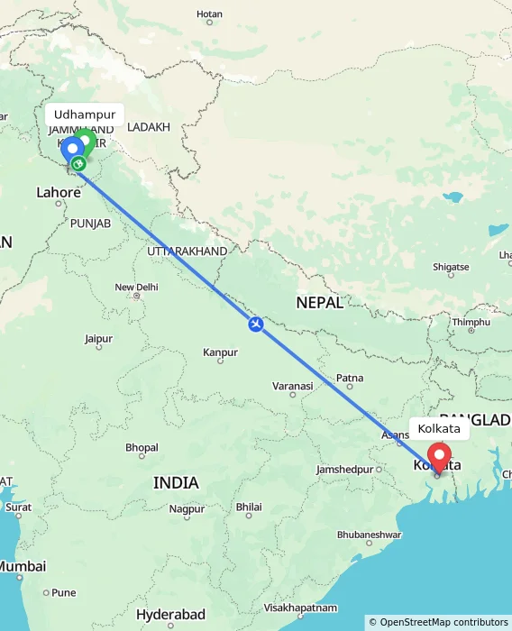 Route map showing distance and travel time from Udhampur, India to Kolkata, India