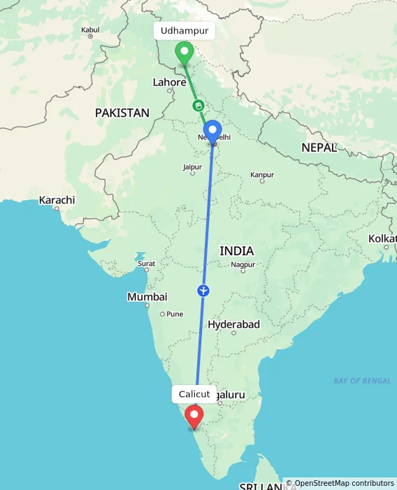 Route map showing distance and travel time from Udhampur, India to Kozhikode, India
