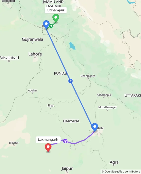 Route map showing distance and travel time from Udhampur, India to Laxmangarh, India