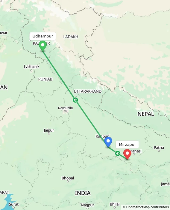 Route map showing distance and travel time from Udhampur, India to Mirzapur, India