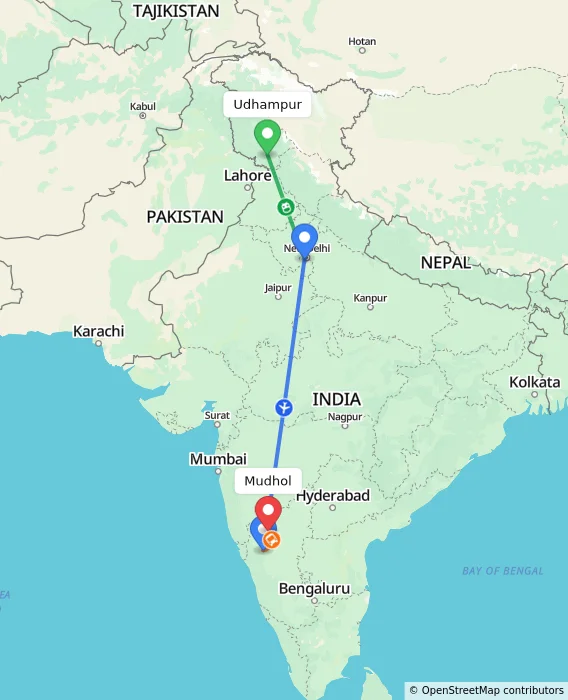 Route map showing distance and travel time from Udhampur, India to Mudhol, India