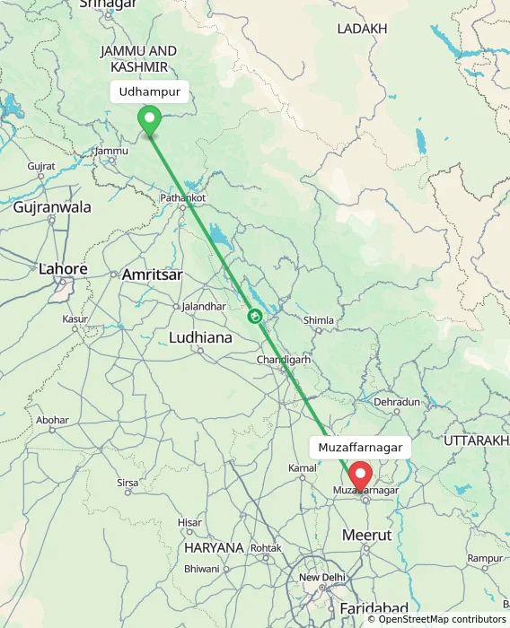 Route map showing distance and travel time from Udhampur, India to Muzaffarnagar, India