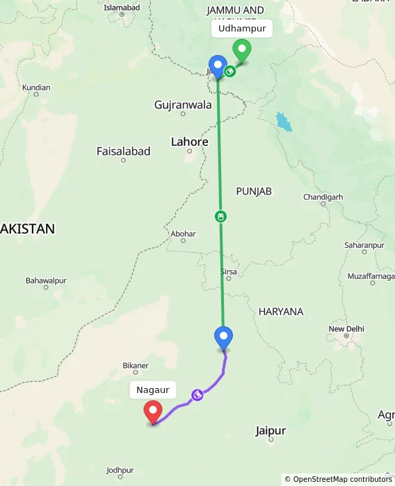 Route map showing distance and travel time from Udhampur, India to Nagaur, India