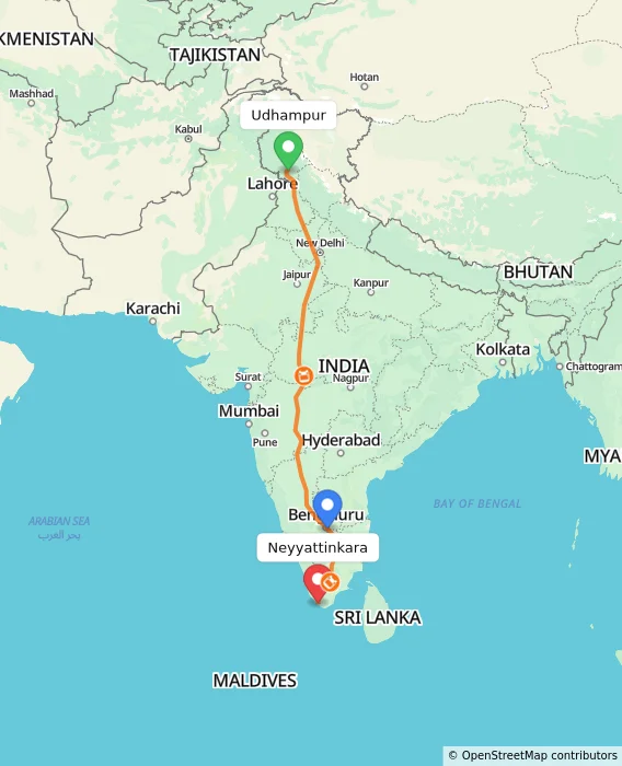 Route map showing distance and travel time from Udhampur, India to Neyyattinkara, India