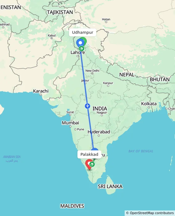 Route map showing distance and travel time from Udhampur, India to Palakkad, India