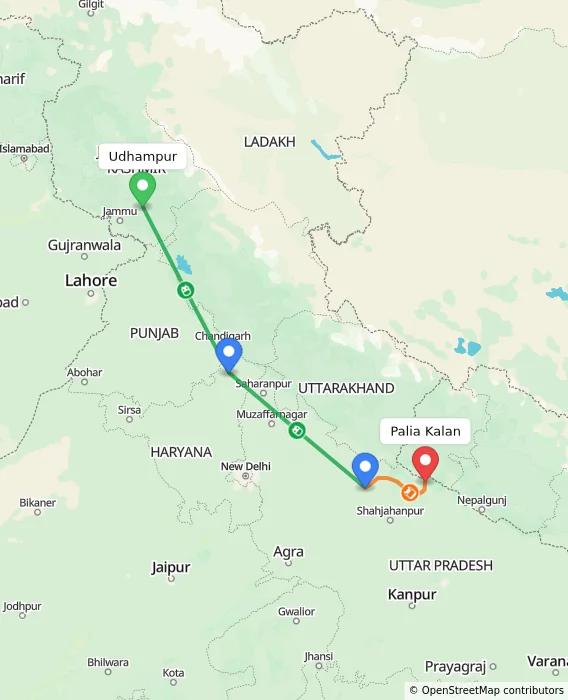 Route map showing distance and travel time from Udhampur, India to Palia Kalan, India