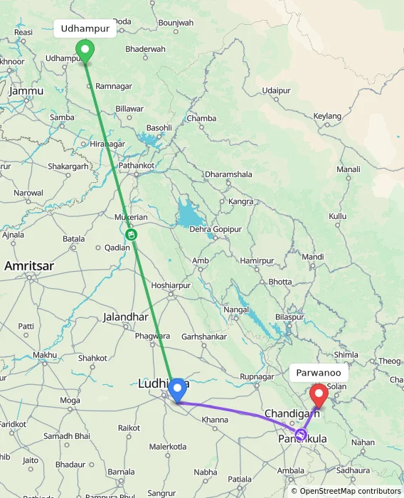 Route map showing distance and travel time from Udhampur, India to Parwanoo, India
