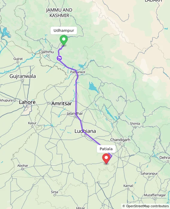Route map showing distance and travel time from Udhampur, India to Patiala, India