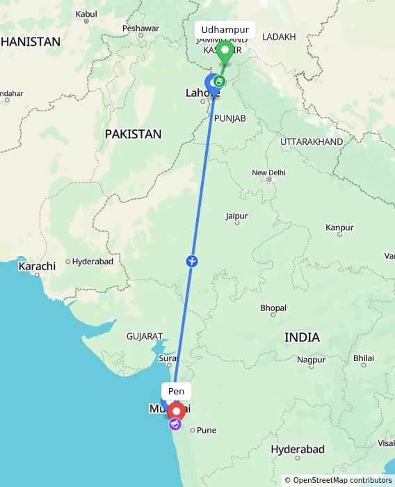 Route map showing distance and travel time from Udhampur, India to Pen, India
