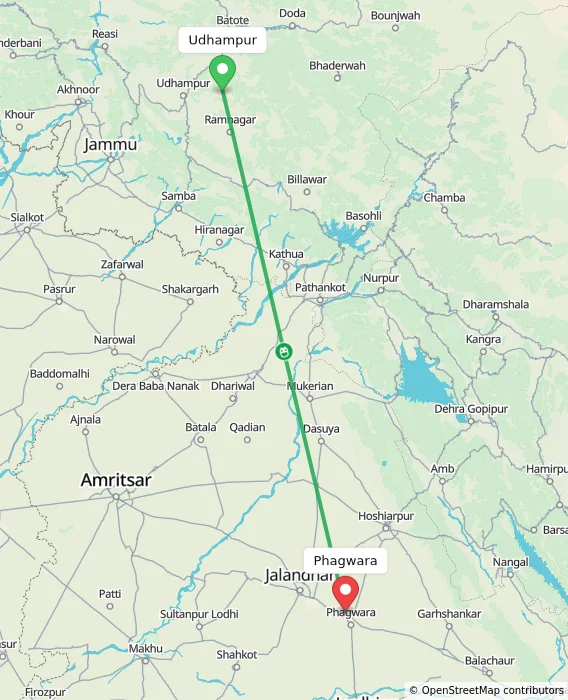 Route map showing distance and travel time from Udhampur, India to Phagwara, India