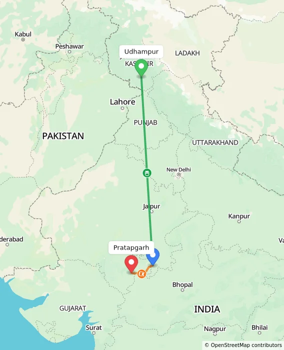 Route map showing distance and travel time from Udhampur, India to Pratapgarh, India