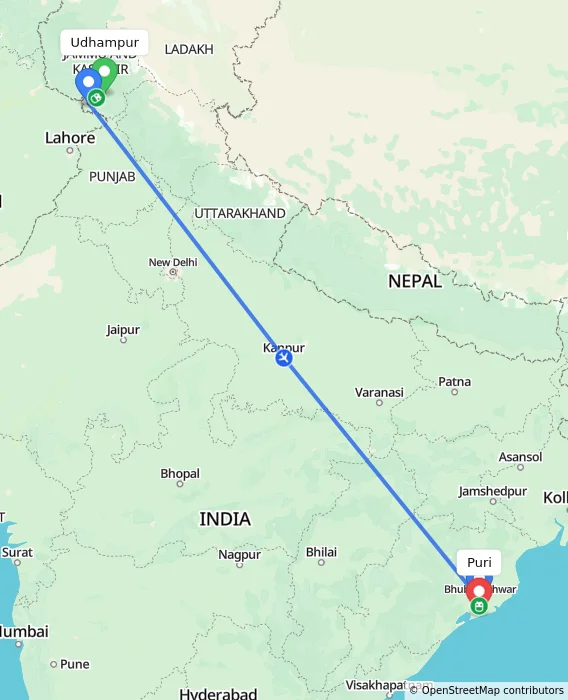Route map showing distance and travel time from Udhampur, India to Puri, India