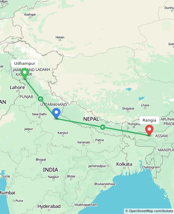 Route map showing distance and travel time from Udhampur, India to Rangia, India