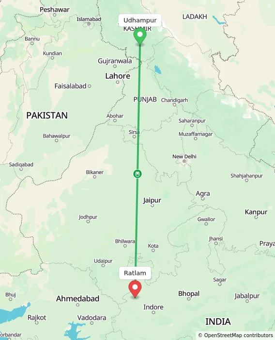 Route map showing distance and travel time from Udhampur, India to Ratlam, India