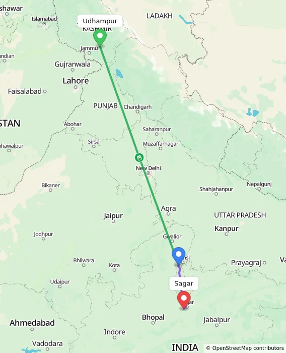 Route map showing distance and travel time from Udhampur, India to Sagar, India