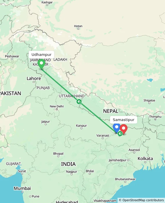 Route map showing distance and travel time from Udhampur, India to Samastipur, India