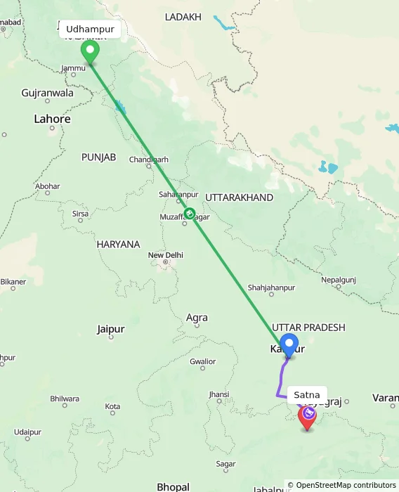 Route map showing distance and travel time from Udhampur, India to Satna, India