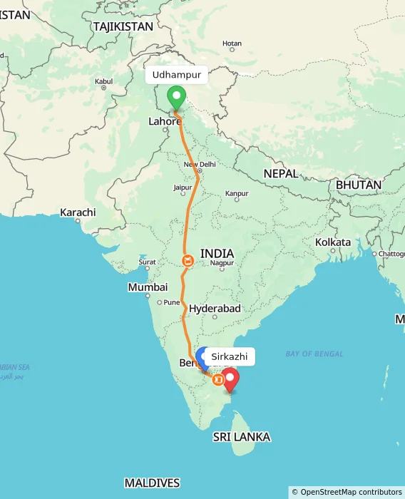 Route map showing distance and travel time from Udhampur, India to Sirkazhi, India