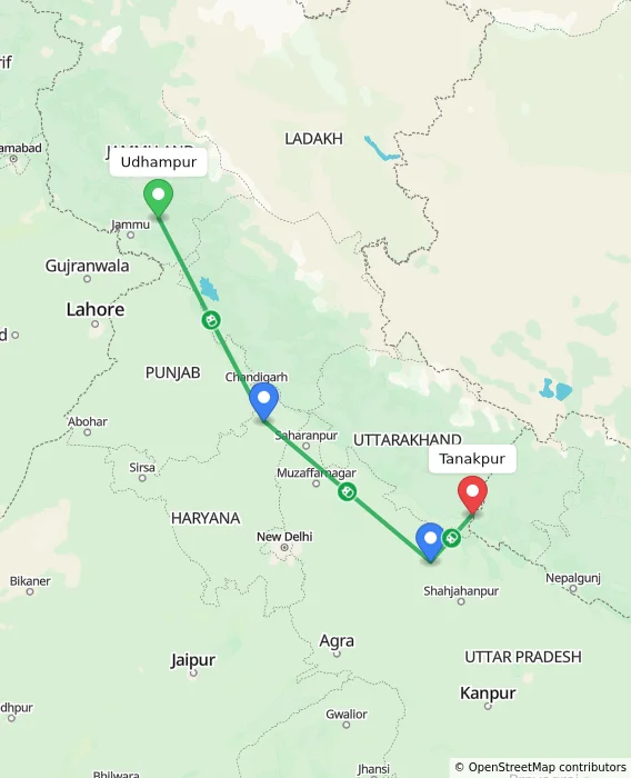 Route map showing distance and travel time from Udhampur, India to Tanakpur, India