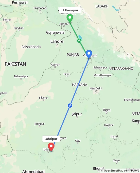 Route map showing distance and travel time from Udhampur, India to Udaipur, India