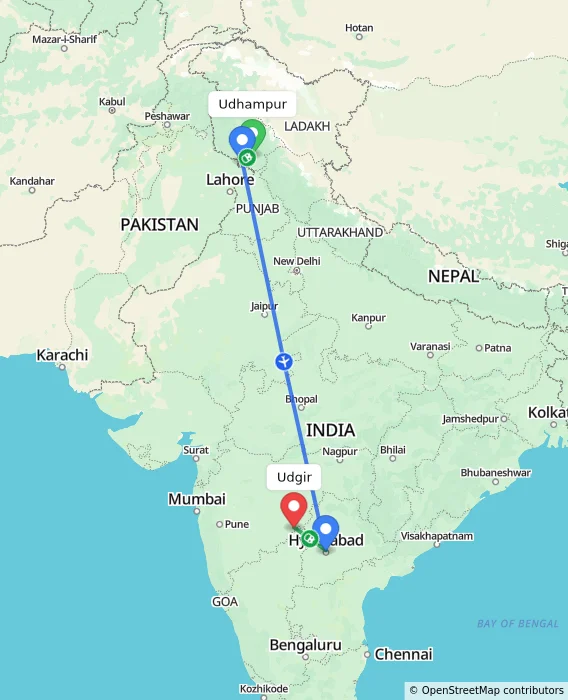 Route map showing distance and travel time from Udhampur, India to Udgir, India