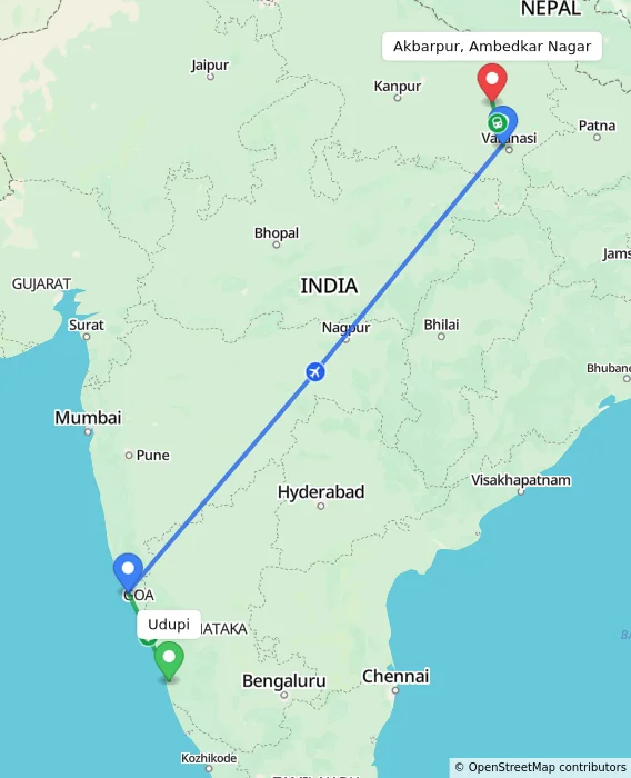 Route map showing distance and travel time from Udupi, India to Akbarpur, Ambedkar Nagar, India