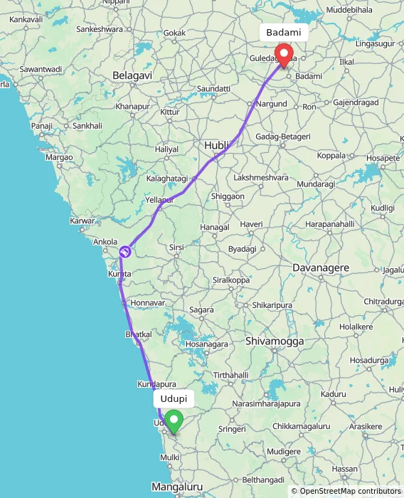 Route map showing distance and travel time from Udupi, India to Badami, India