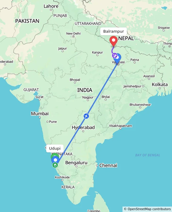 Route map showing distance and travel time from Udupi, India to Balrampur, India
