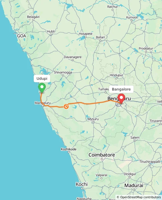 Route map showing distance and travel time from Udupi, India to Bangalore, India