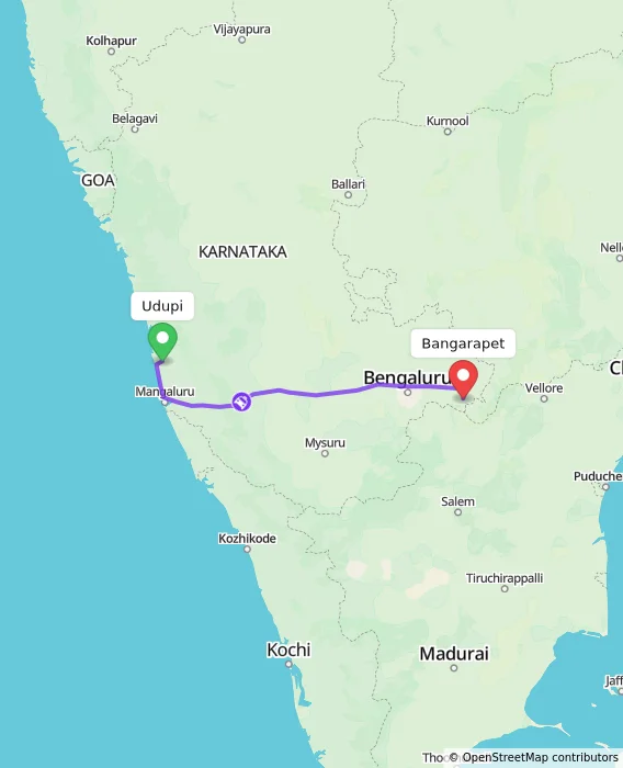 Route map showing distance and travel time from Udupi, India to Bangarapet, India