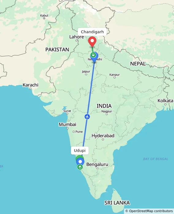 Route map showing distance and travel time from Udupi, India to Chandigarh, India